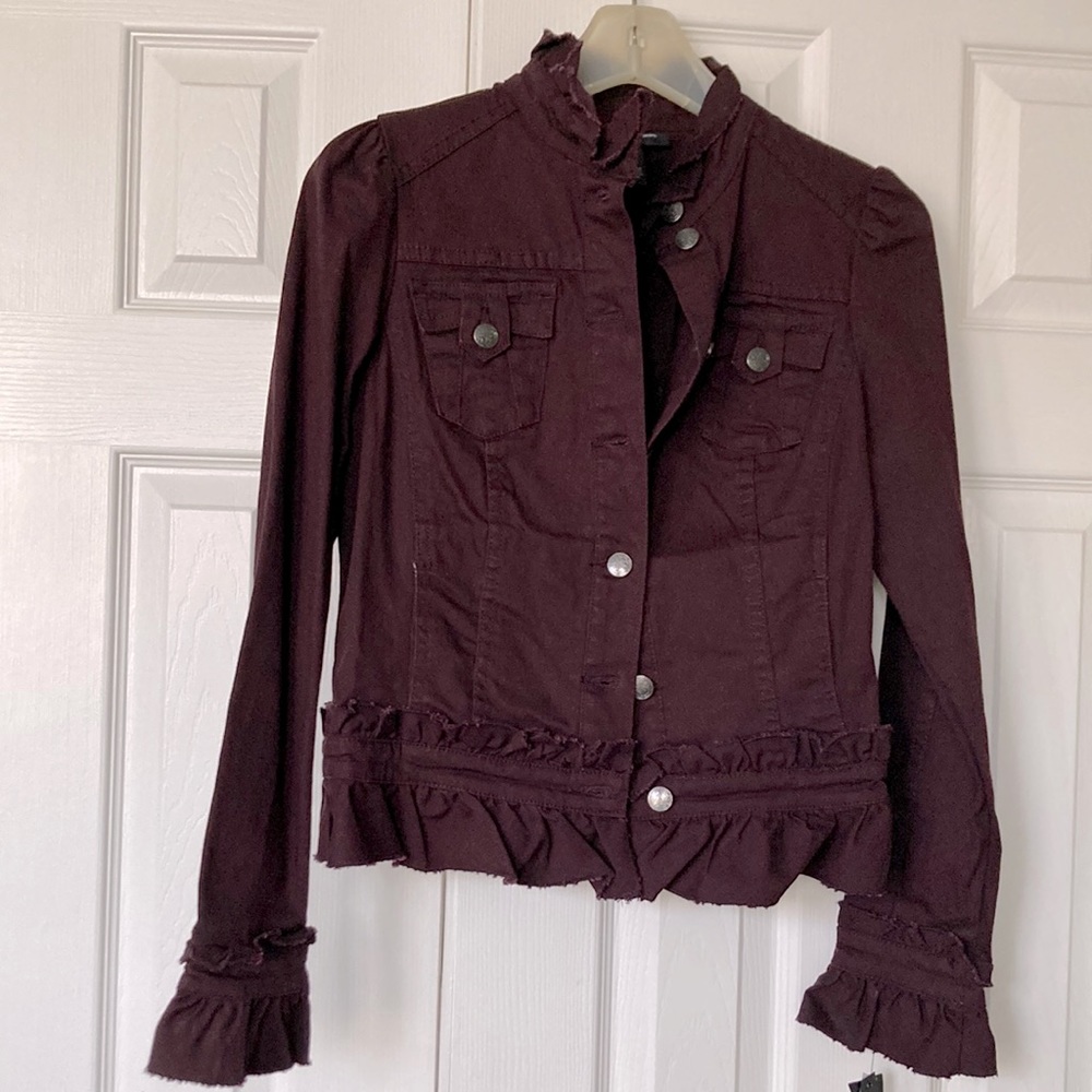 INC Denim Jacket Maroon Raisin color Size Petite
